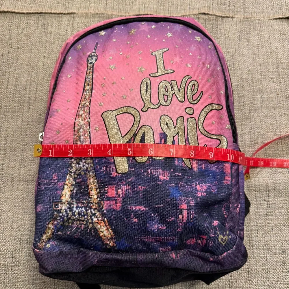 Justice Girls I Love Paris Backpack Pink Purple Eiffel Tower Glitter School Bag